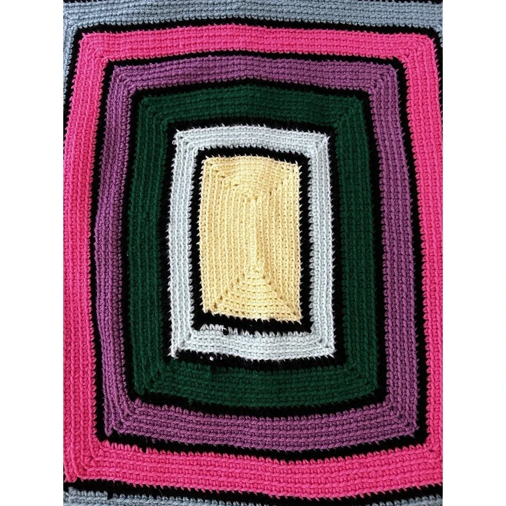 70s Hand Crocheted Boho/Retro Throw Blanket 50 X 56 Approx Multicolor Acrylic
